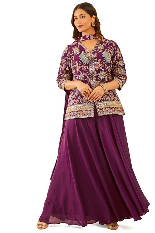 Soch Womens Wine Embroidered Chinon Sharara Suit with Dupatta - Image 8