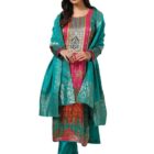 Soch Womens Teal Brocade Ethnic Motifs Suit Set With Faux Mirror And Sequins