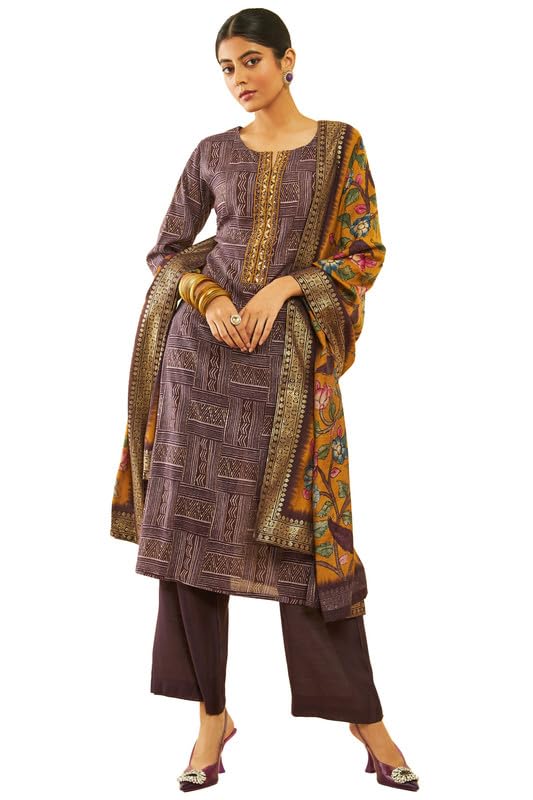 Soch Womens Purple Muslin Abstract Print Suit Set with Floral Print Dupatta(ETL-EWA3CD20253A)