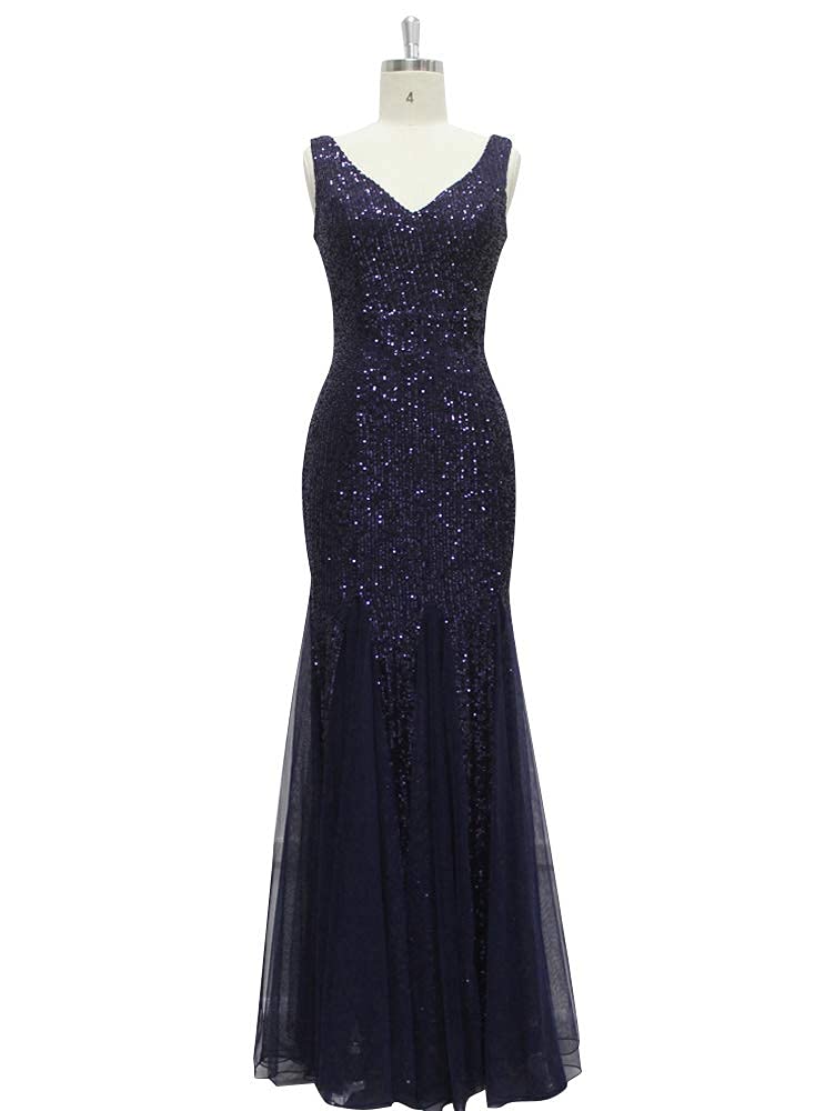 LZ Dress Women Sleeveless Double V-Neck Long Mermaid Sequin Formal Sheath Evening Dresses, Black, XX-Large - Image 6