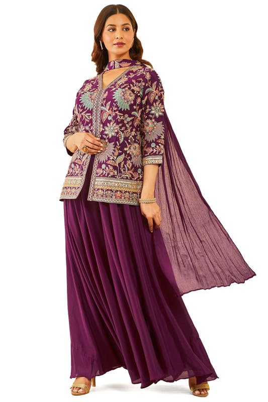 Soch Womens Wine Embroidered Chinon Sharara Suit with Dupatta - Image 7