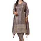 Soch Womens Grey Tissue Suit Set With Stones And Sequins