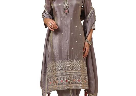 Soch Womens Grey Tissue Suit Set With Stones And Sequins