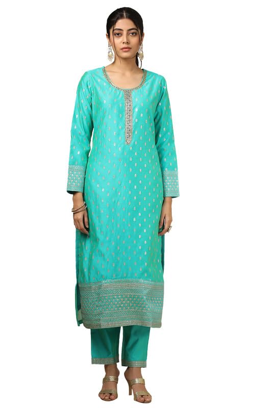 Soch Womens Turquoise Blue Chanderi Embellished Suit Set With Sequins - Image 2
