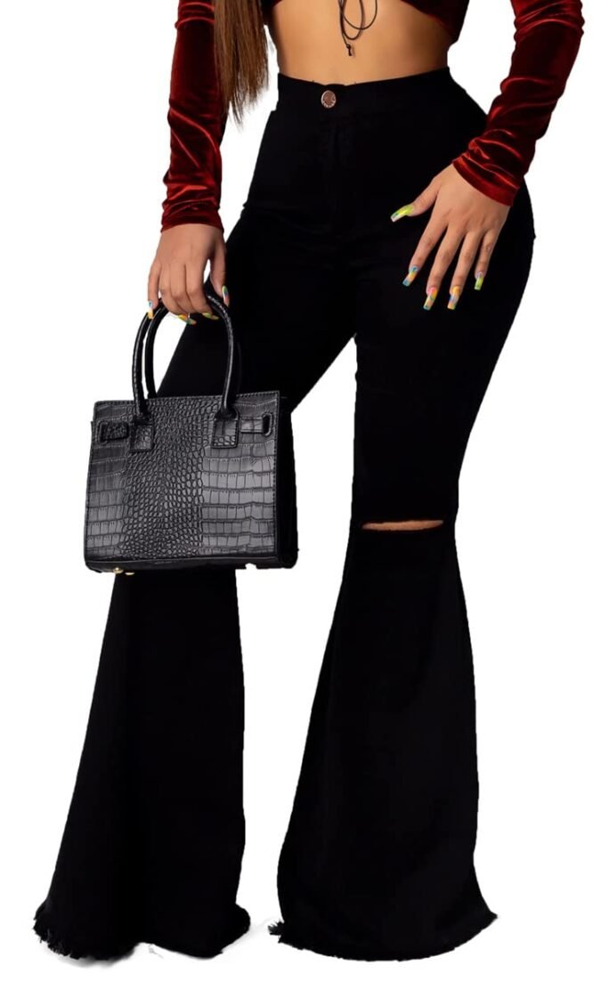 Bell Bottom Jeans for Women Ripped High Waisted Classic Flared Pants Black