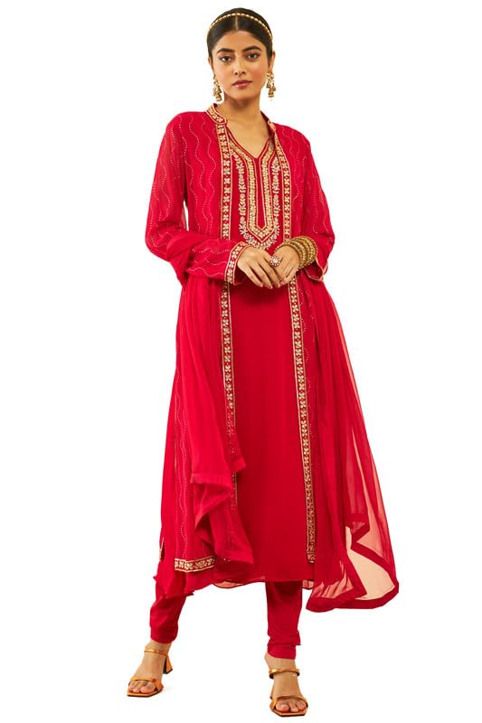 Soch Womens Fuchsia Georgette Floral Embroidered Chudidar Suit Set with Stonework(OWS2CD2108B)