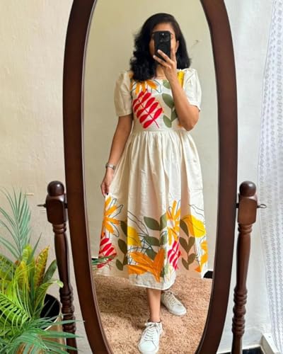 VERONICA LIFESTYLE Women's Pure Rayon Anarkali Kurta/Kurti for Women | Floral Flower Design Print | Western Maxi Fit & Flare Dress | Casual Spring and Everyday Wear (in, Alpha, L, White & Yellow) - Image 6