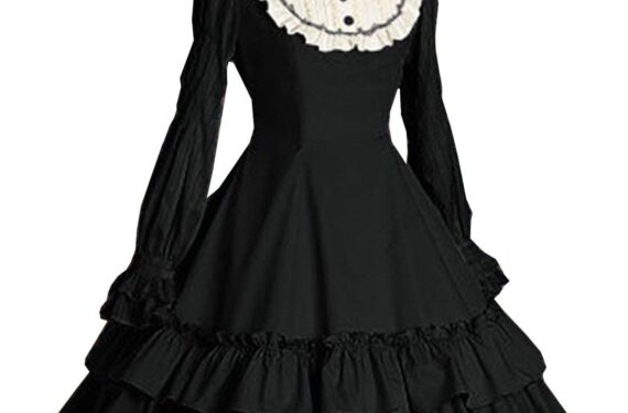 I-Youth Women's Long Sleeves Black Gothic Lolita Dress Multi Layers Classic Goth Dress Halloween Cosplay Costume (M, Black)