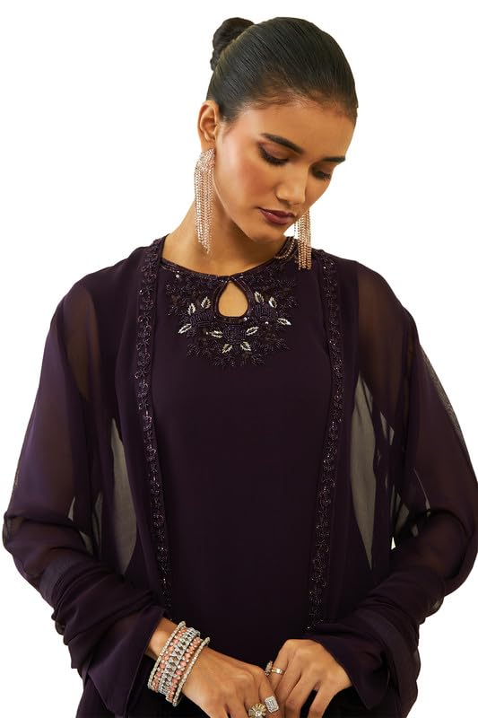 Soch Womens Wine Georgette Beadwork Embellished A-Line Chudidar Suit Set with Shrug - Image 6