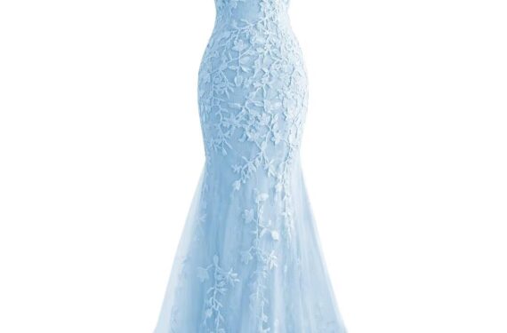 Homdor Mermaid Prom Dresses 2025 Spaghetti Straps Evening Gowns Lace Applique Floral Formal Straight, Floor Length Dresses For Women, Sky Blue