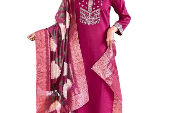 HASVM Viscose Chanderi Embroidered Kurta with Pant and Dupatta for Women | Trendy 3/4 Sleeve Fashionable Lightweight Traditional Kurta Set | Pink | Size XL | Sachi
