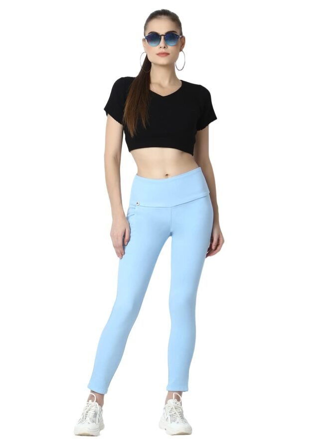 3 Butterflies!!! Skinny Fit Stretchable High Waist Ankle Length Jeggings for Women(POHEL-34_Sky Blue_34) - Image 3