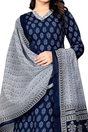 WEARWA Women's Cotton Slub Salwar Suit Set – Navy Blue & White Printed Ethnic Kurta, Pant & Dupatta – Traditional Indian Dress for Festive & Casual Wear (in, Alpha, S, Plus, Navy Blue) - Image 3