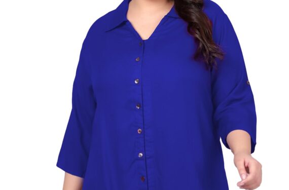 Indietoga Women's Plus Size Casual Rayon Longline Shirt Tops (P10001455_Blue Solid_6Xl, Tunic Shirt)