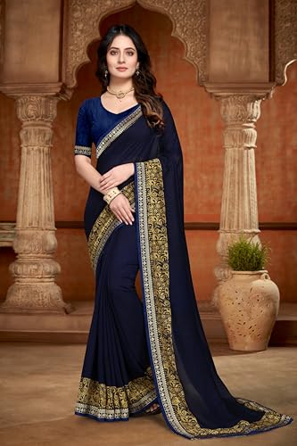 Every Moment Printed Bollywood Brasso, Chiffon Saree (Blue) - Image 6