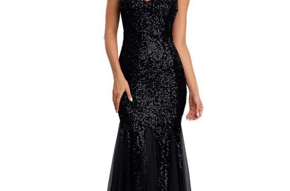 LZ Dress Women Sleeveless Double V-Neck Long Mermaid Sequin Formal Sheath Evening Dresses, Black, XX-Large