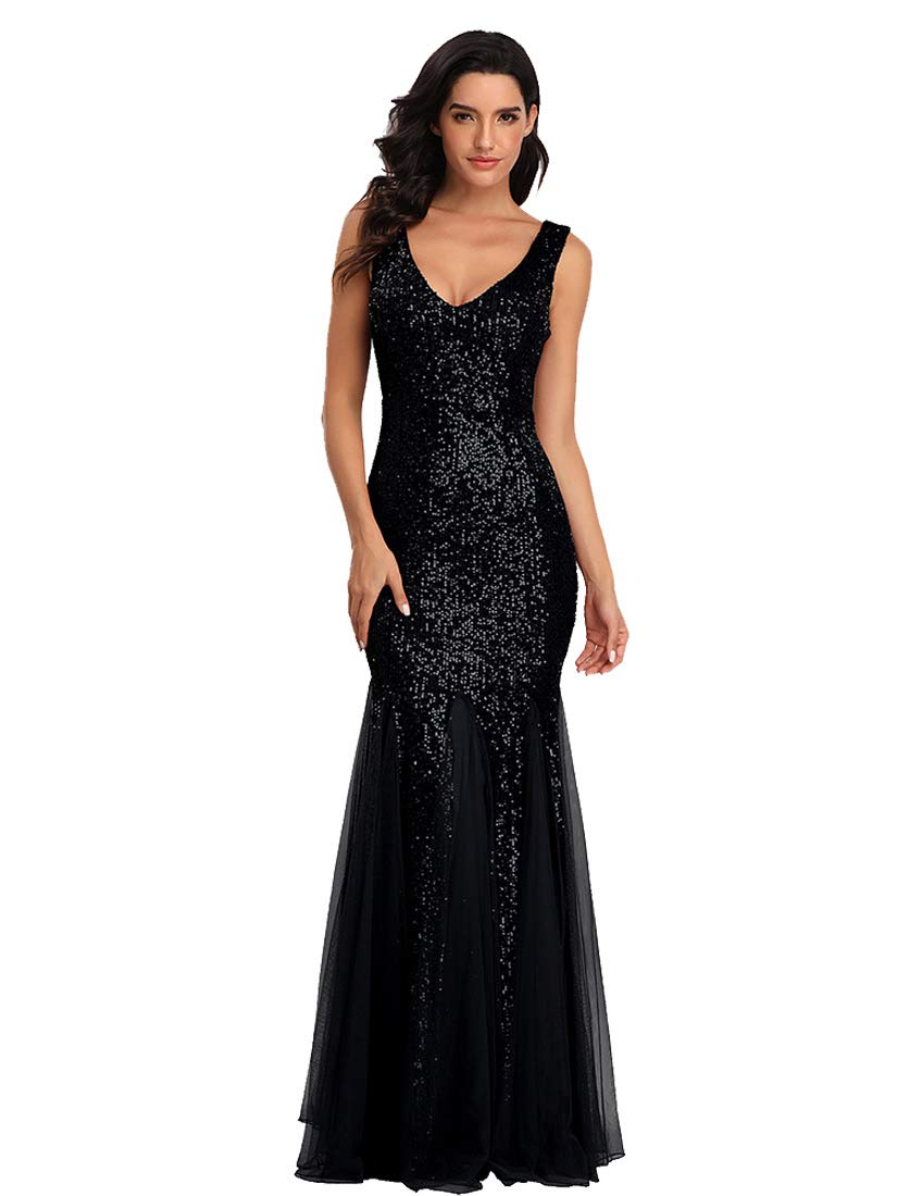 LZ Dress Women Sleeveless Double V-Neck Long Mermaid Sequin Formal Sheath Evening Dresses, Black, XX-Large