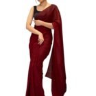 FEAURA Women's Maroon Ready to Wear Prestitched 1 Min. Saree Glitter Striped Nylon Light Weight with Blouse Piece