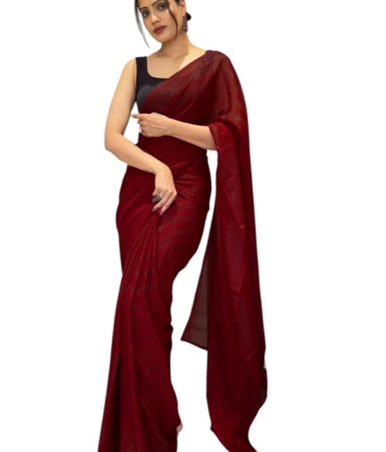 FEAURA Women's Maroon Ready to Wear Prestitched 1 Min. Saree Glitter Striped Nylon Light Weight with Blouse Piece