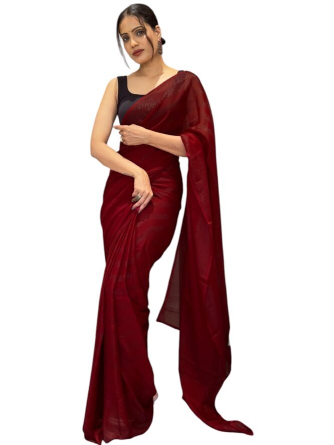 FEAURA Women's Maroon Ready to Wear Prestitched 1 Min. Saree Glitter Striped Nylon Light Weight with Blouse Piece
