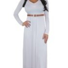 Charm Your Prince Women's Scoop-Neck Solid Sleeve Long Maxi Dress, White, Medium