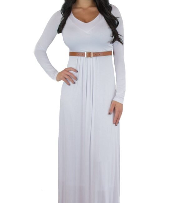 Charm Your Prince Women's Scoop-Neck Solid Sleeve Long Maxi Dress, White, Medium