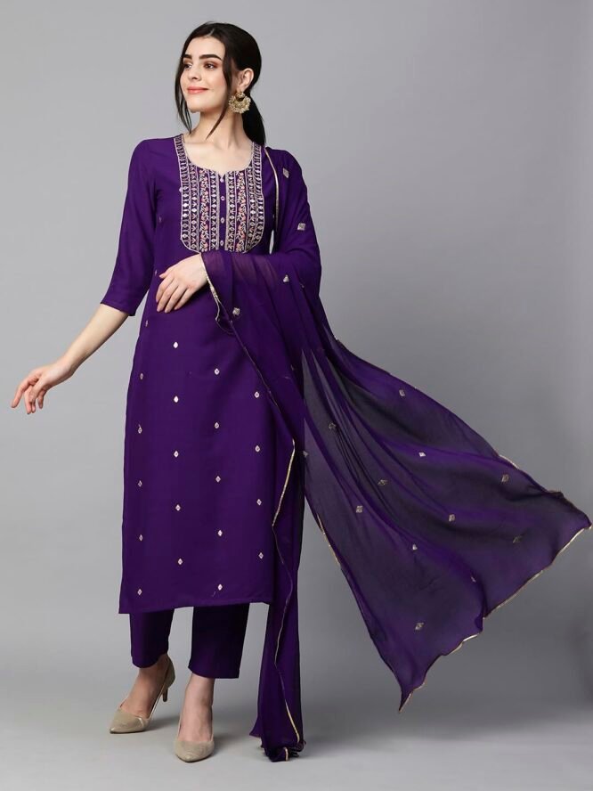GoSriKi Women's Cotton Blend Embroidered Straight Kurta with Pant & Dupatta (Kasturi Begani-NGT-GS_S_Blue_Small) - Image 3