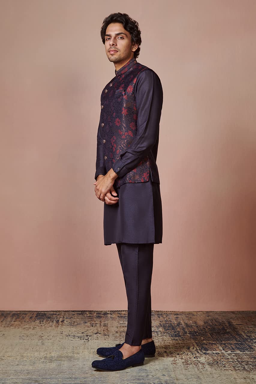 Manyavar Kurta Jacket Set for Men, Full Sleeves Mandarin Collar Ethnic Kurta Jacket Set for Festival, Wedding, Party Art Silk (Blue, S) - Image 5