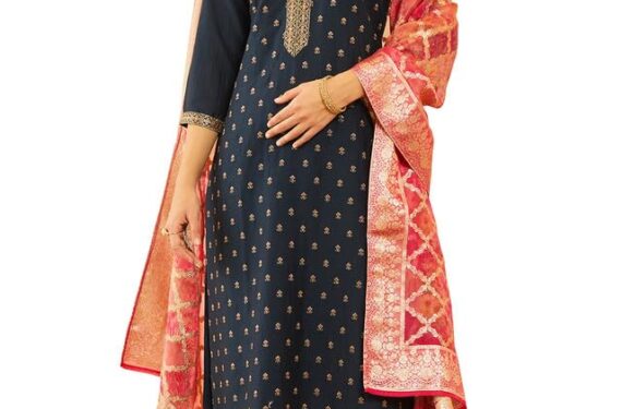 Soch Womens Navy Blue Silk Blend Embroidered Suit Set with Thread Work