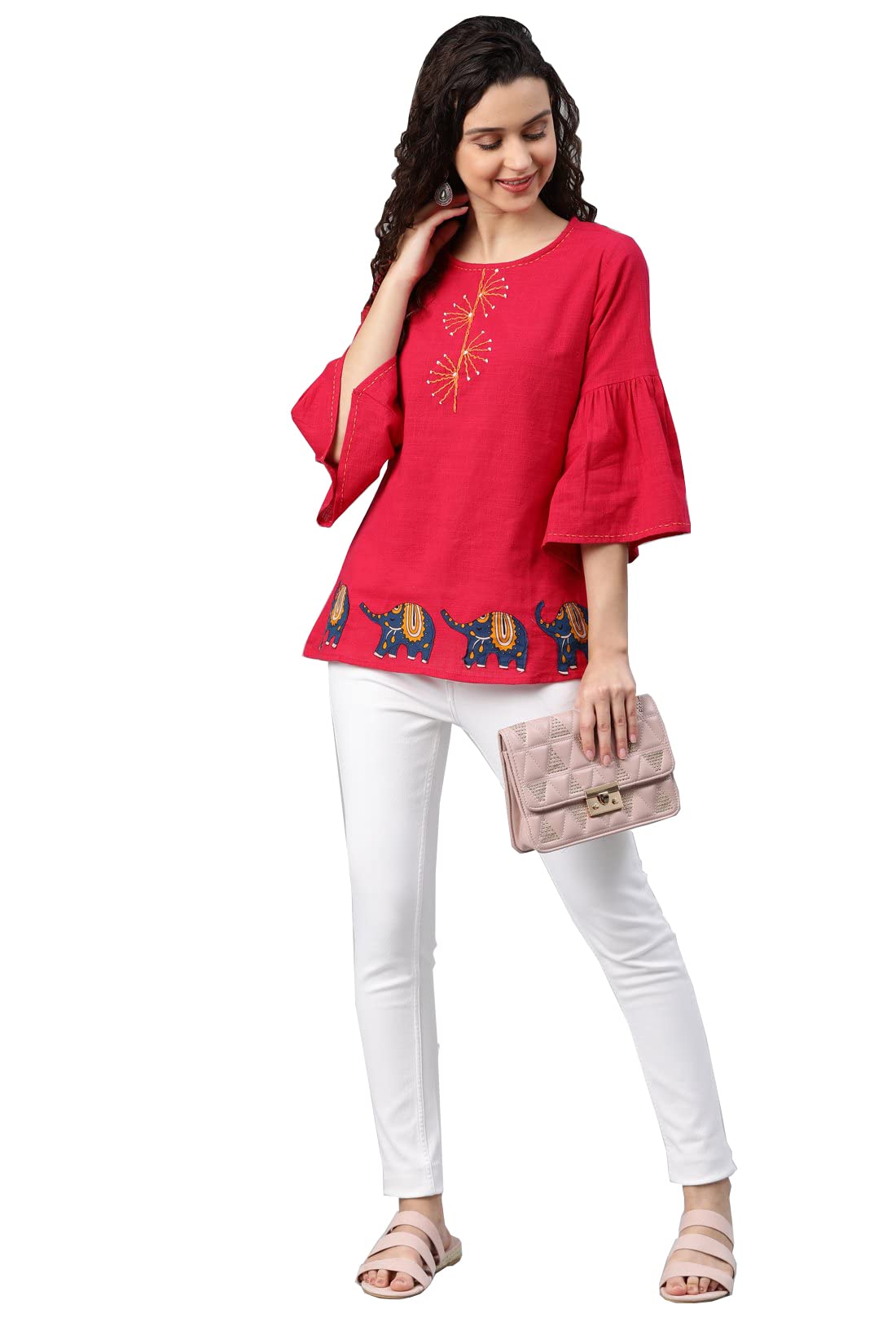 Yash Gallery Women's Cotton Slub Patch Work Regular Fit Straight Top For Women (237Yk345Pink_Pink_Xxx-Large) - Image 7