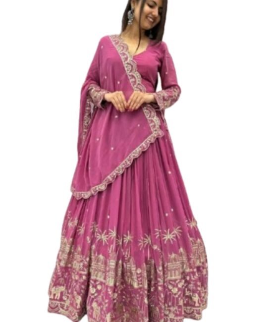 Tyche Purnaa Veda Georgette Embroidery Work Semi-Stitched Lehenga Choli for Women with Dupatta (PINK)