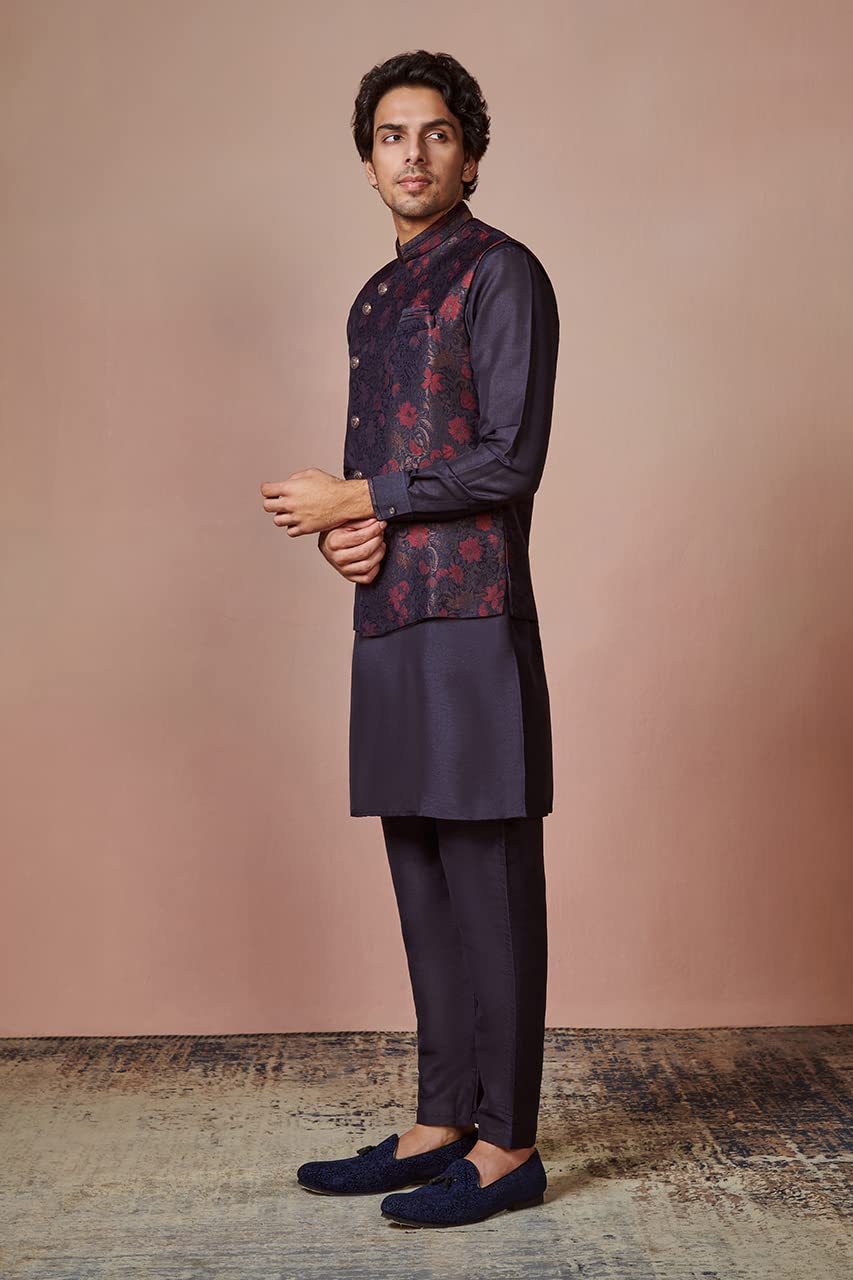 Manyavar Kurta Jacket Set for Men, Full Sleeves Mandarin Collar Ethnic Kurta Jacket Set for Festival, Wedding, Party Art Silk (Blue, S) - Image 6