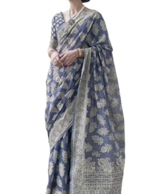 SWORNOF Women's Lucknowi Chikankari Linen Cotton Woven Sarees For Women With Blouse Sarees For Women, Blue