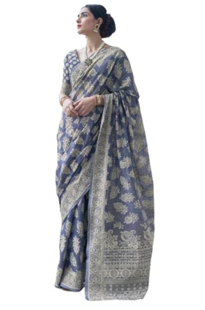 SWORNOF Women's Lucknowi Chikankari Linen Cotton Woven Sarees For Women With Blouse Sarees For Women, Blue