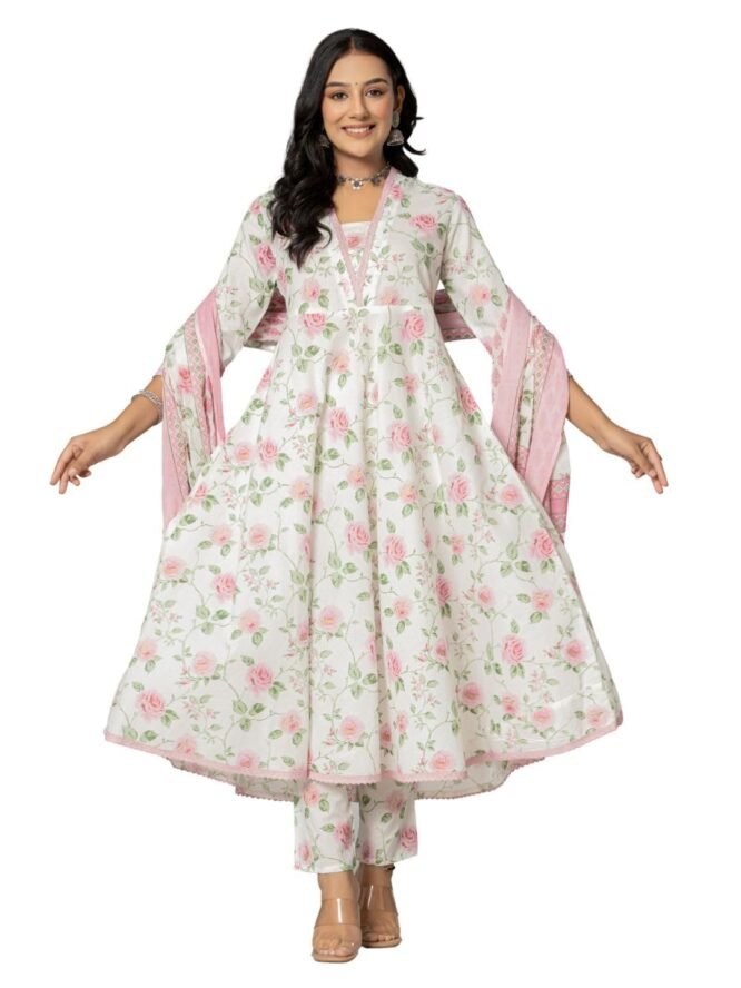Amayra Women's Cotton Printed Anarkali Kurta with Palazzo Pants and Dupatta(TCK571,Pink,XL) - Image 6