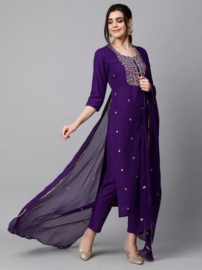 GoSriKi Women's Cotton Blend Embroidered Straight Kurta with Pant & Dupatta (Kasturi Begani-NGT-GS_S_Blue_Small) - Image 6