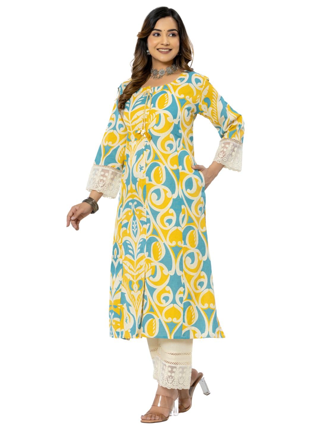 rytras Women's Cotton Printed A-Line Kurta with Pant Set(RYT563,Yellow,3XL) - Image 4