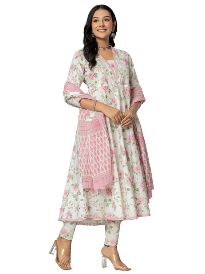 Amayra Women's Cotton Printed Anarkali Kurta with Palazzo Pants and Dupatta(TCK571,Pink,XL) - Image 5