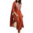 GoSriKi Women's Rayon Blend Straight Embroidered Kurta with Pant & Dupatta (GALPATIYO Mustard-GS_M_Mustard_Medium)