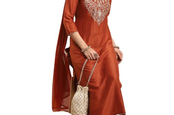 GoSriKi Women's Rayon Blend Straight Embroidered Kurta with Pant & Dupatta (GALPATIYO Mustard-GS_M_Mustard_Medium)