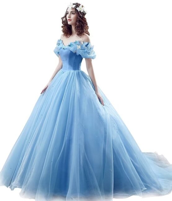 Chupeng Women A-Line Princess Costume Off Shoulder Prom Gown Wedding Long Dresses Evening Gown Quinceanera Dress 2021 Blue 2