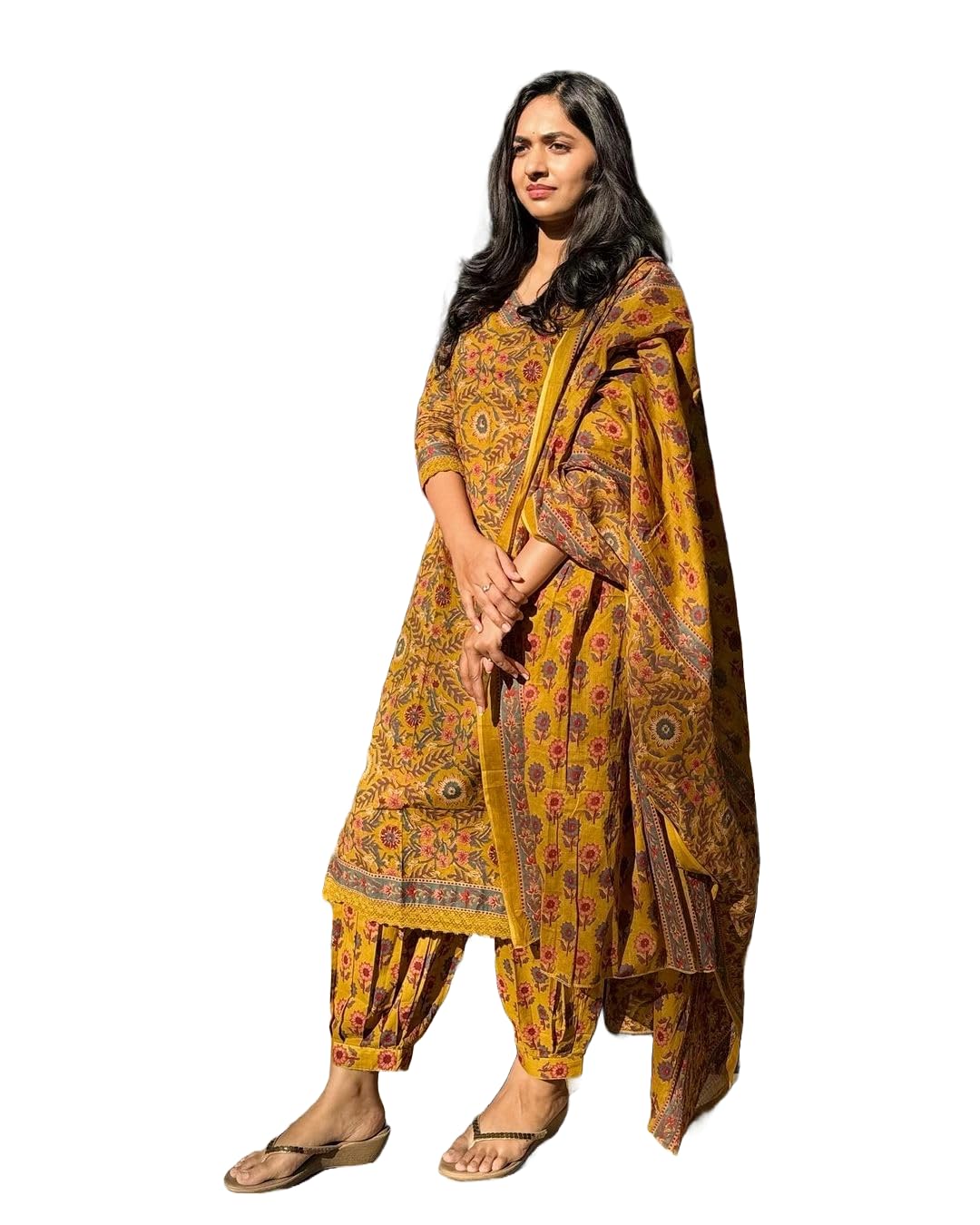 KLOSIA Women Printed Kurta and Pant Set with Dupatta (XX-Large) Mustard Yellow