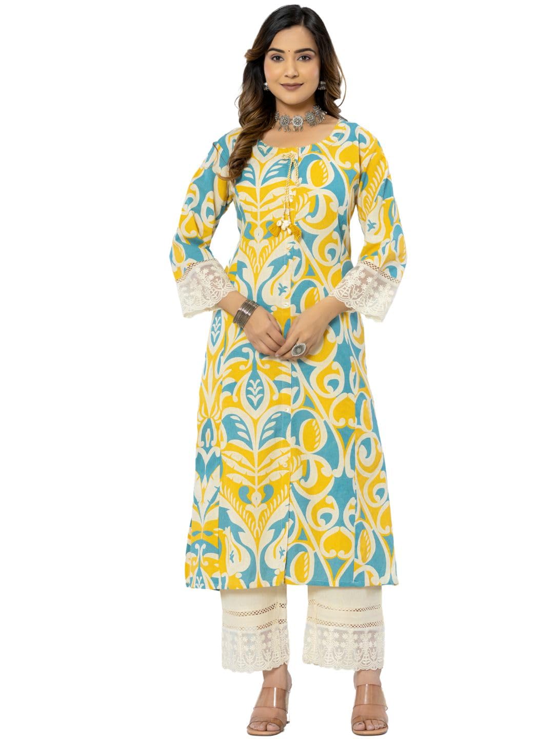 rytras Women's Cotton Printed A-Line Kurta with Pant Set(RYT563,Yellow,3XL) - Image 5