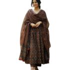 KLOSIA Women Printed Flared A-Line Kurta with Pant and Dupatta Suit Set | Kurta Set | Wedding Suit (Small) Brown