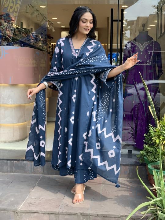 Rangnavi Women's Cotton Anarkali Printed V-Neck Kurta with Palazzo & Dupatta | Ethnic Set | Dupatta Set | Suit Set |Kurta Set | - Image 4