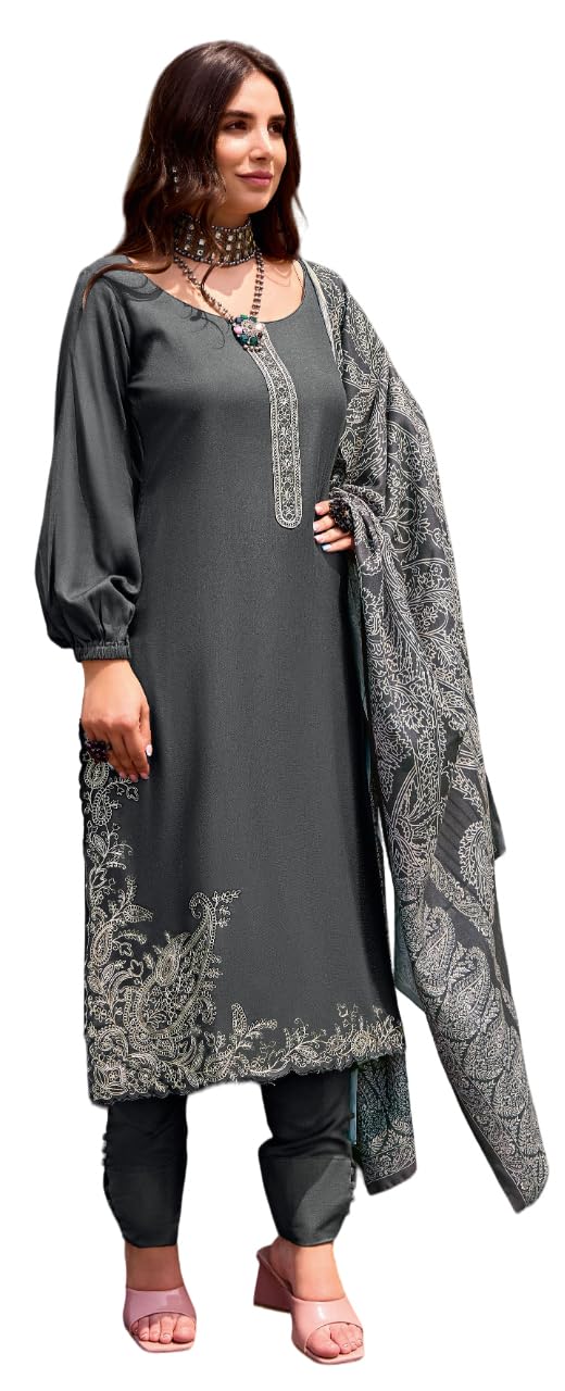 DRAVINAM Trends Unstitched Pashmina Salwar Suit Set – 100% Pure Viscose Pashmina Wool Winter wear Fabric for Top with Elegant Embroidery, Plain Bottoms & Pashmina Digital Wool Shawl Grey - Image 4