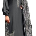 DRAVINAM Trends Unstitched Pashmina Salwar Suit Set – 100% Pure Viscose Pashmina Wool Winter wear Fabric for Top with Elegant Embroidery, Plain Bottoms & Pashmina Digital Wool Shawl Grey