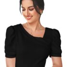 Dream Beauty Fashion Women's Polyester Asymmetric Neck Puff/Balloon Bishop Sleeve Elegant Casual Tee Top, 23" Inches (Top Paris-01-Black-M, Slim Fit),Medium