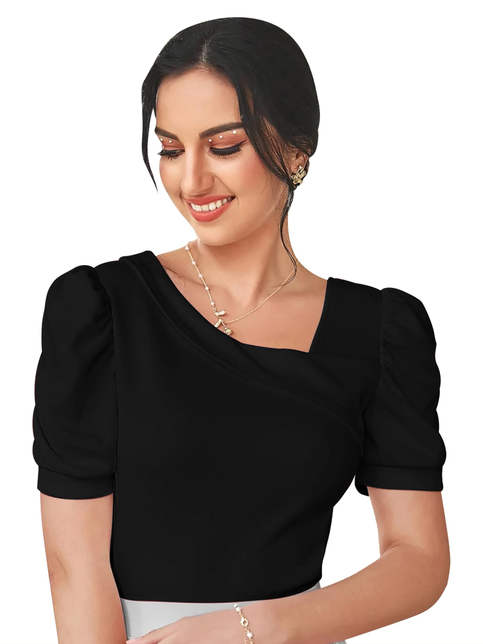 Dream Beauty Fashion Women's Polyester Asymmetric Neck Puff/Balloon Bishop Sleeve Elegant Casual Tee Top, 23" Inches (Top Paris-01-Black-M, Slim Fit),Medium