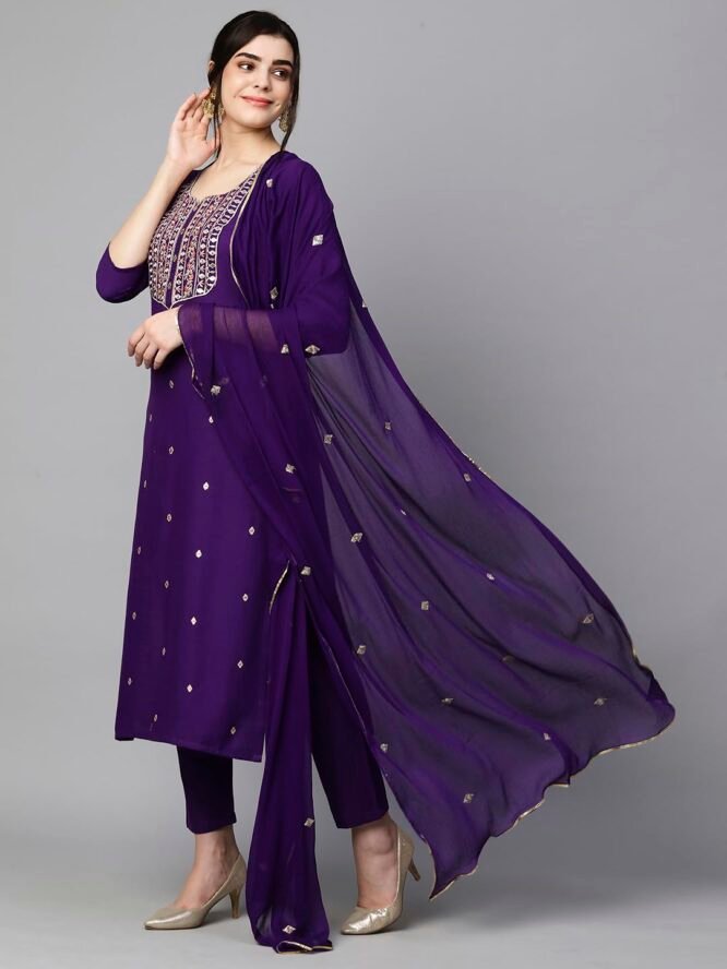 GoSriKi Women's Cotton Blend Embroidered Straight Kurta with Pant & Dupatta (Kasturi Begani-NGT-GS_S_Blue_Small) - Image 7